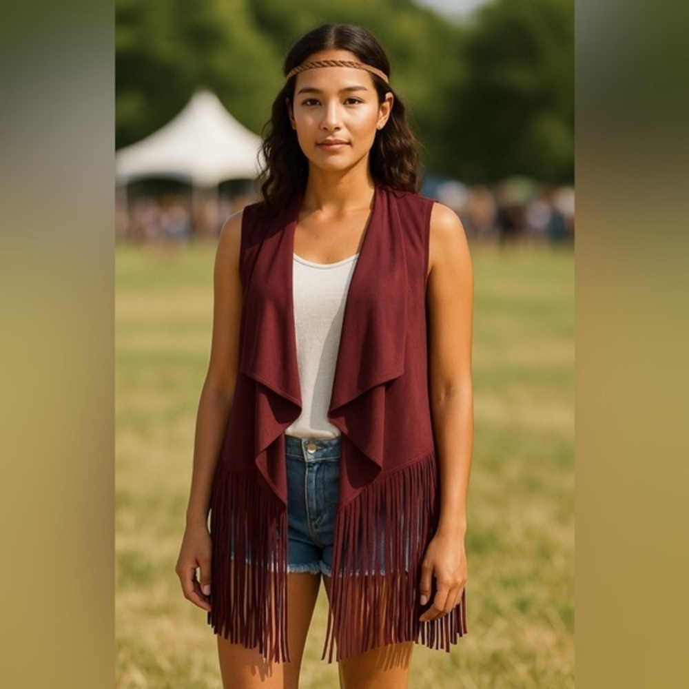 Philosophy Wine Burgundy Cascade Fringe Faux Suede Vest Retro 70s EUC S #1932